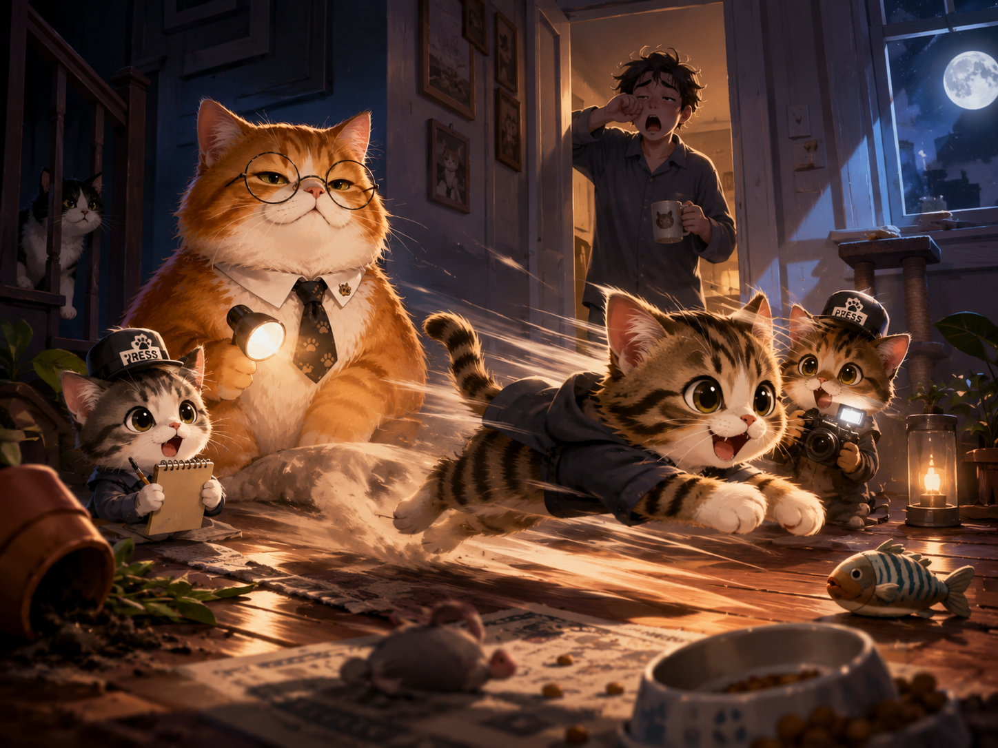A cat racing through a hallway at night while sleepy humans look confused.