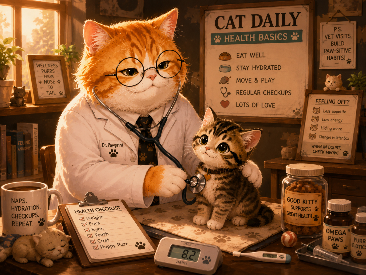 Dr. Pawprint examining a kitten in a cozy CatDaily health clinic.