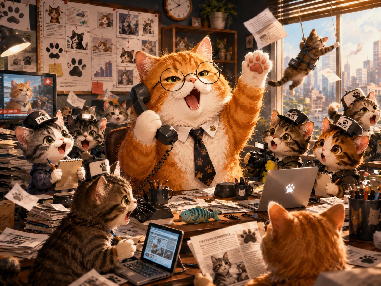 A cat newsroom with kittens typing breaking mews stories on tiny laptops.