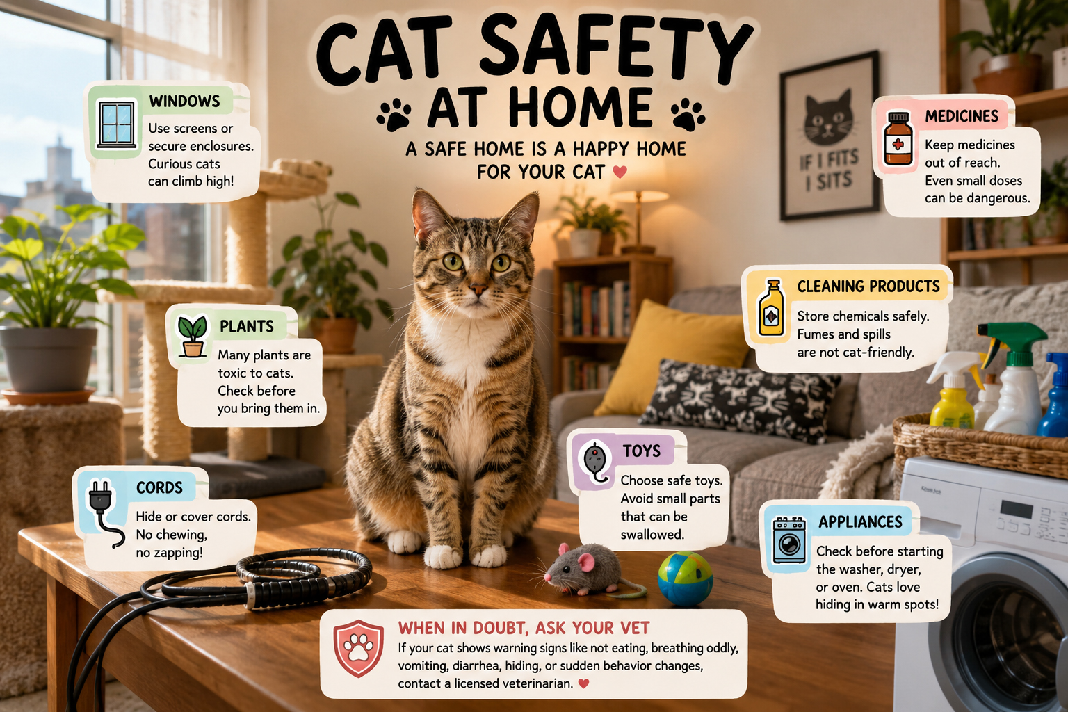 A cozy CatDaily cat safety at home infographic with a tabby cat, secure windows, safe plants, covered cords, medicines, cleaning products, toys, and appliance safety notes.