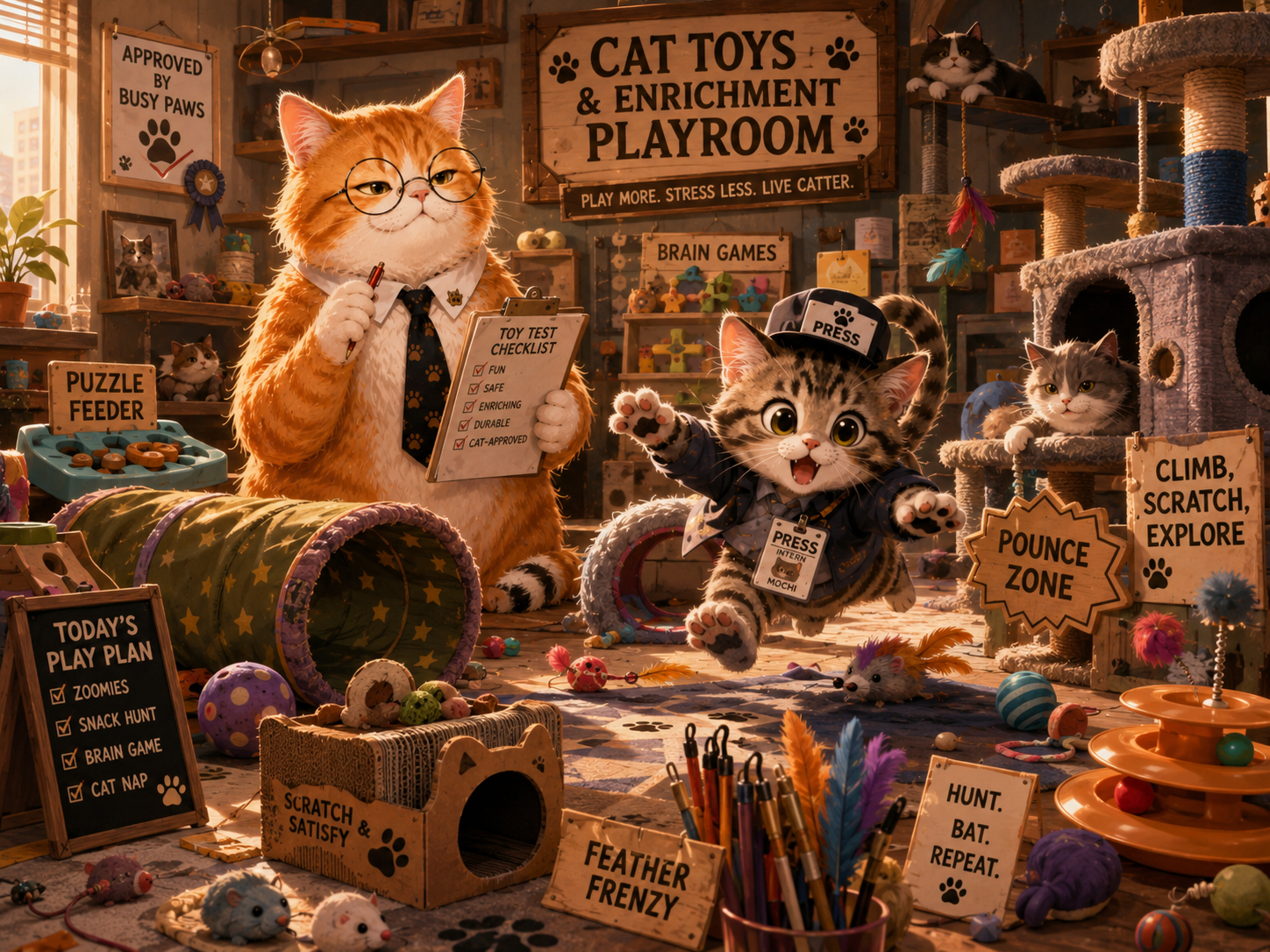 CatDaily enrichment playroom with scratching posts, tunnels, toys, and a pounce zone.