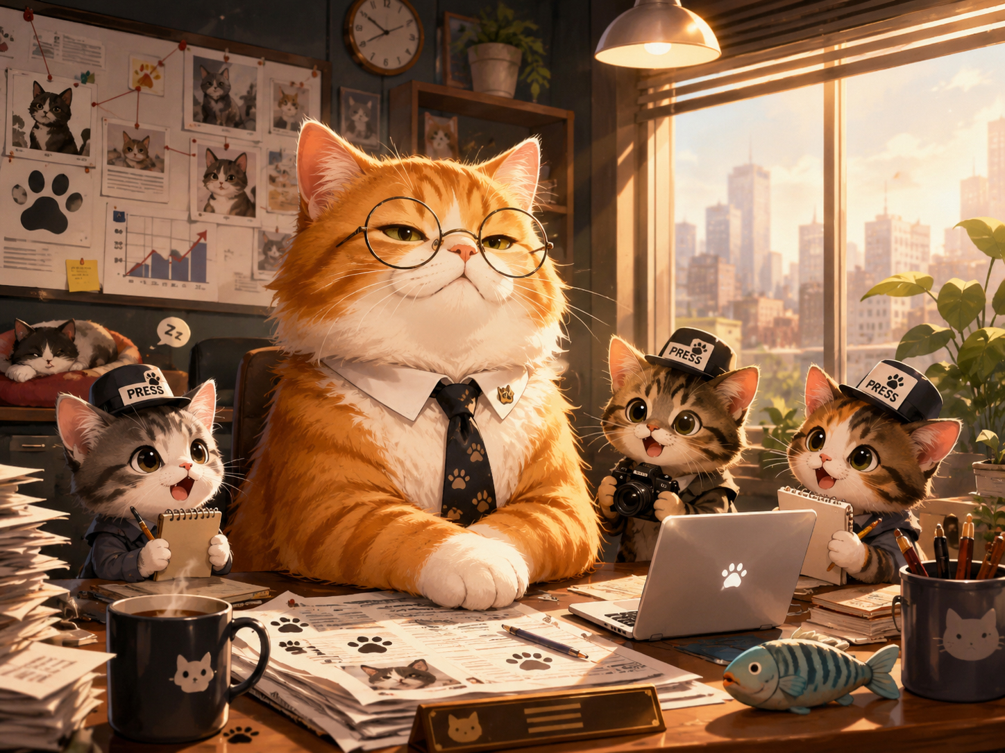 A funny manga-style cat editor-in-chief sitting in a cozy newspaper newsroom with kitten reporters.