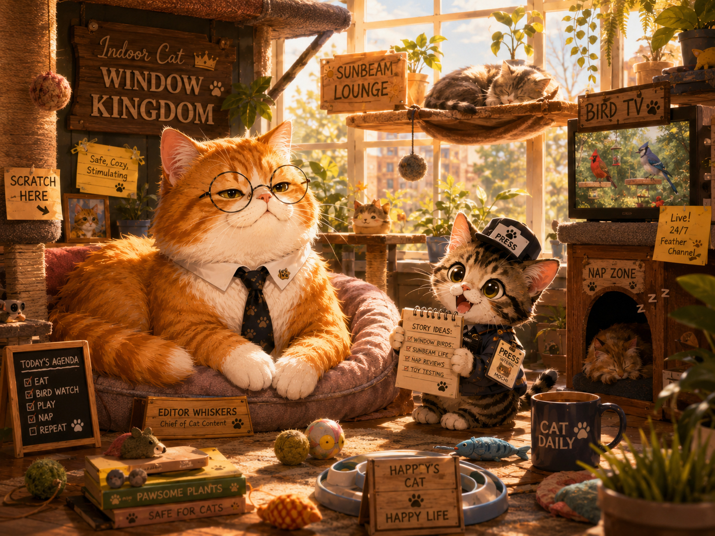 Indoor cat window kingdom with window perches, bird TV, sunbeams, scratchers, and cat-safe plants.