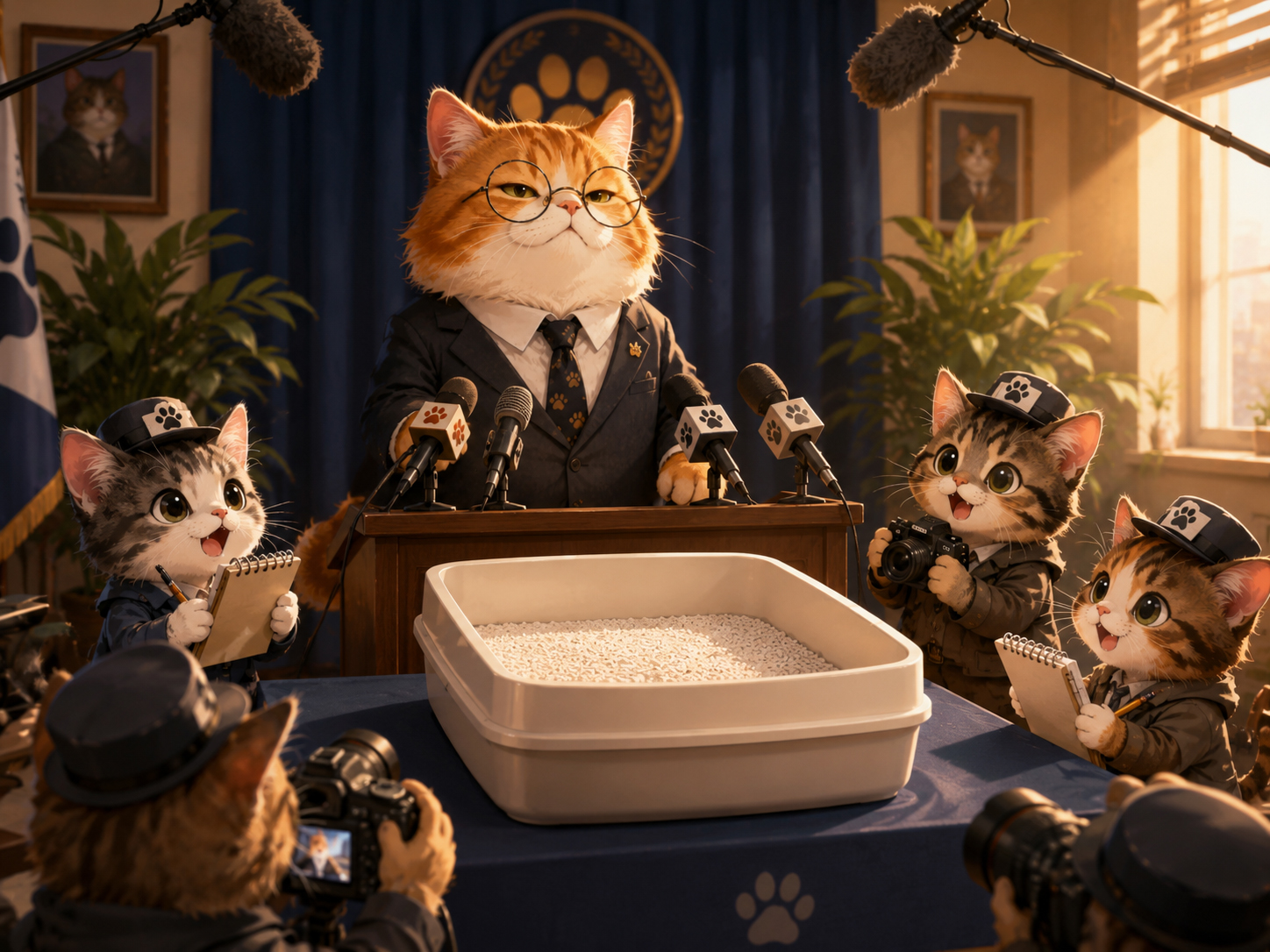 A serious cat holding a press conference beside a very clean litter box.