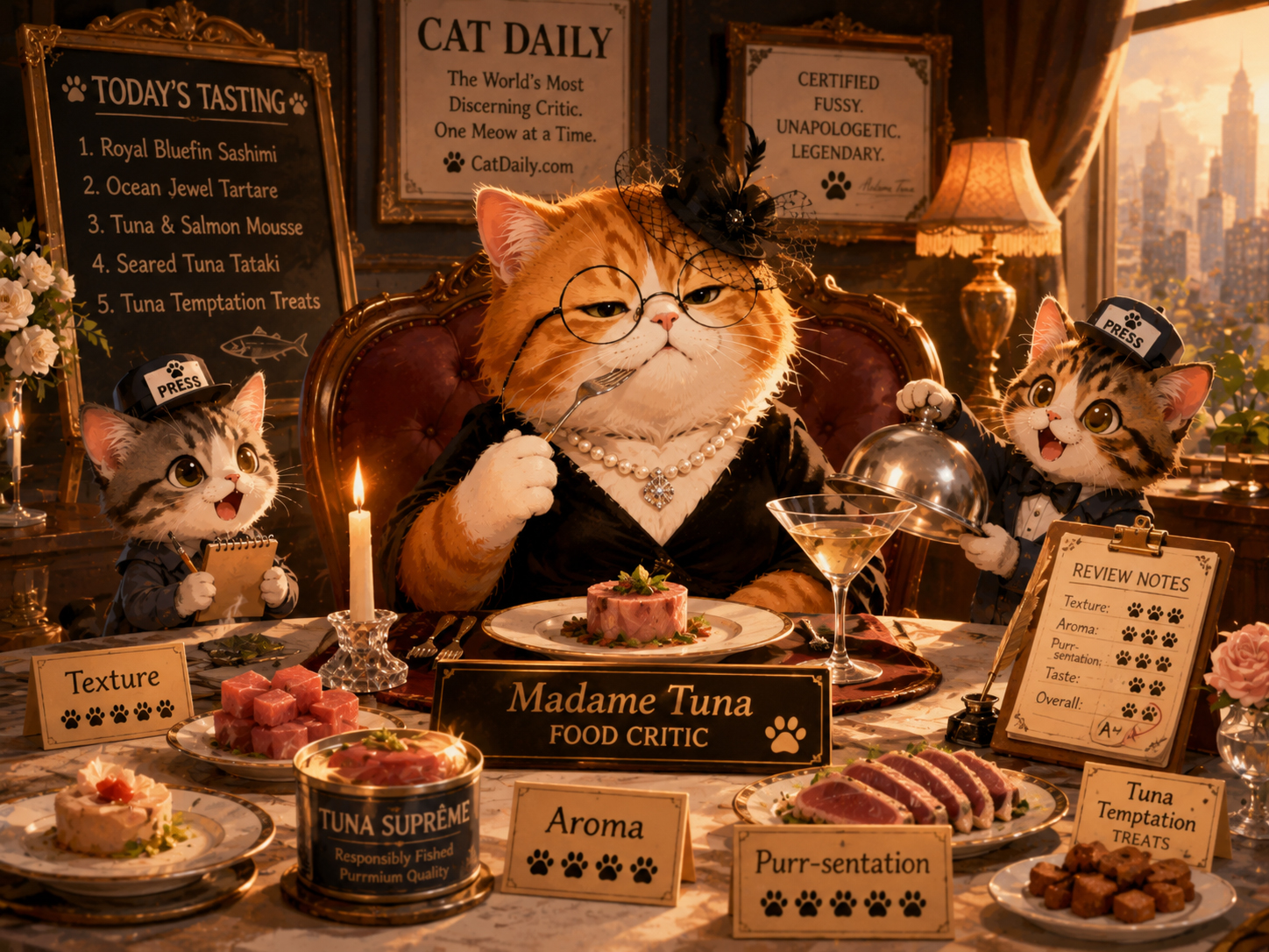 Madame Tuna judging cat food and treats in a glamorous CatDaily tasting scene.