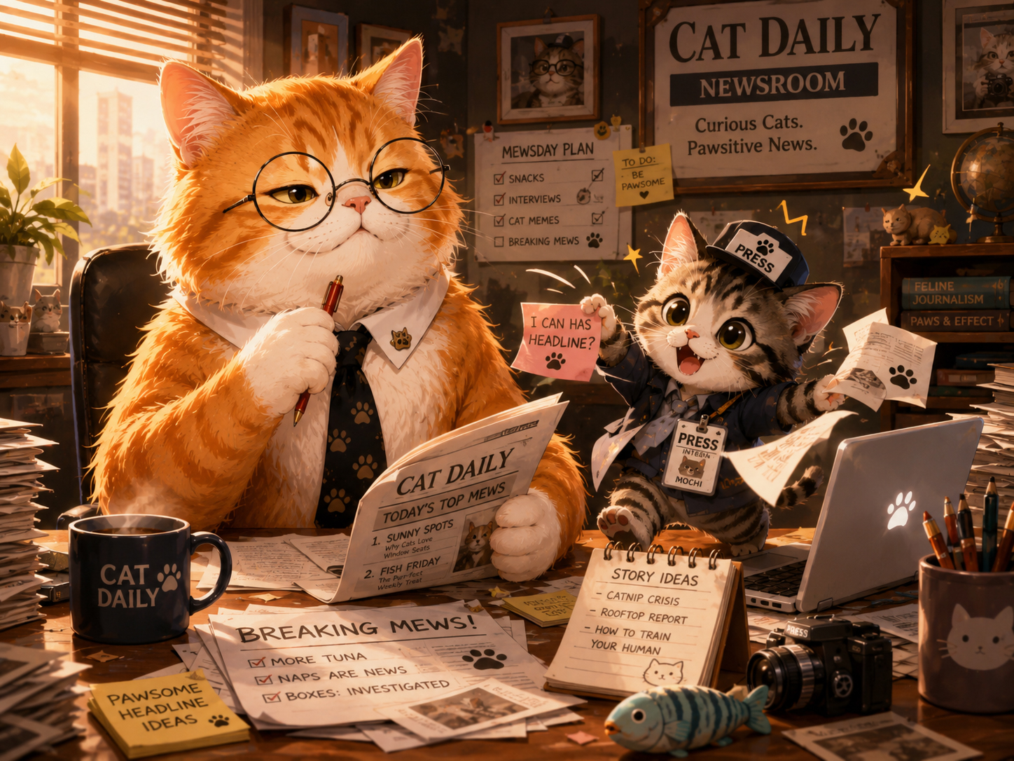 Editor Whiskers and Mochi the kitten intern arguing over a newspaper headline.