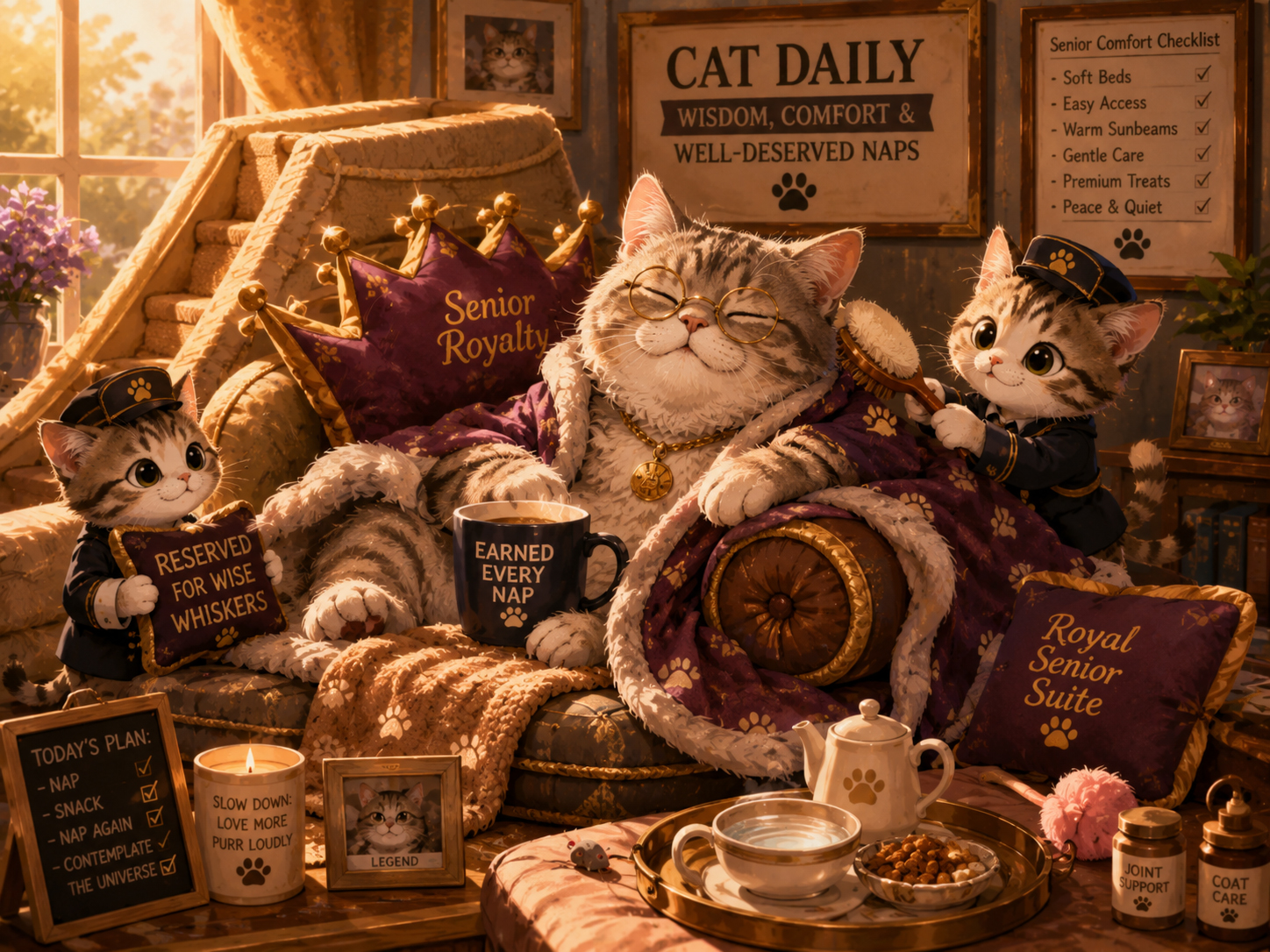 A senior cat resting in royal comfort with soft bedding and easy access.