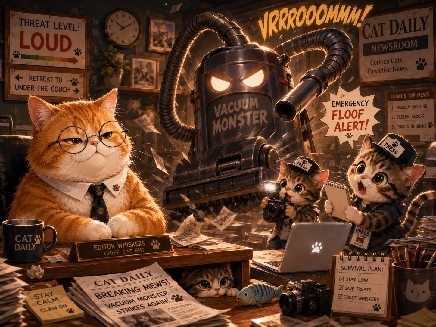 The Vacuum Monster villain in the CatDaily newsroom while kitten reporters react.